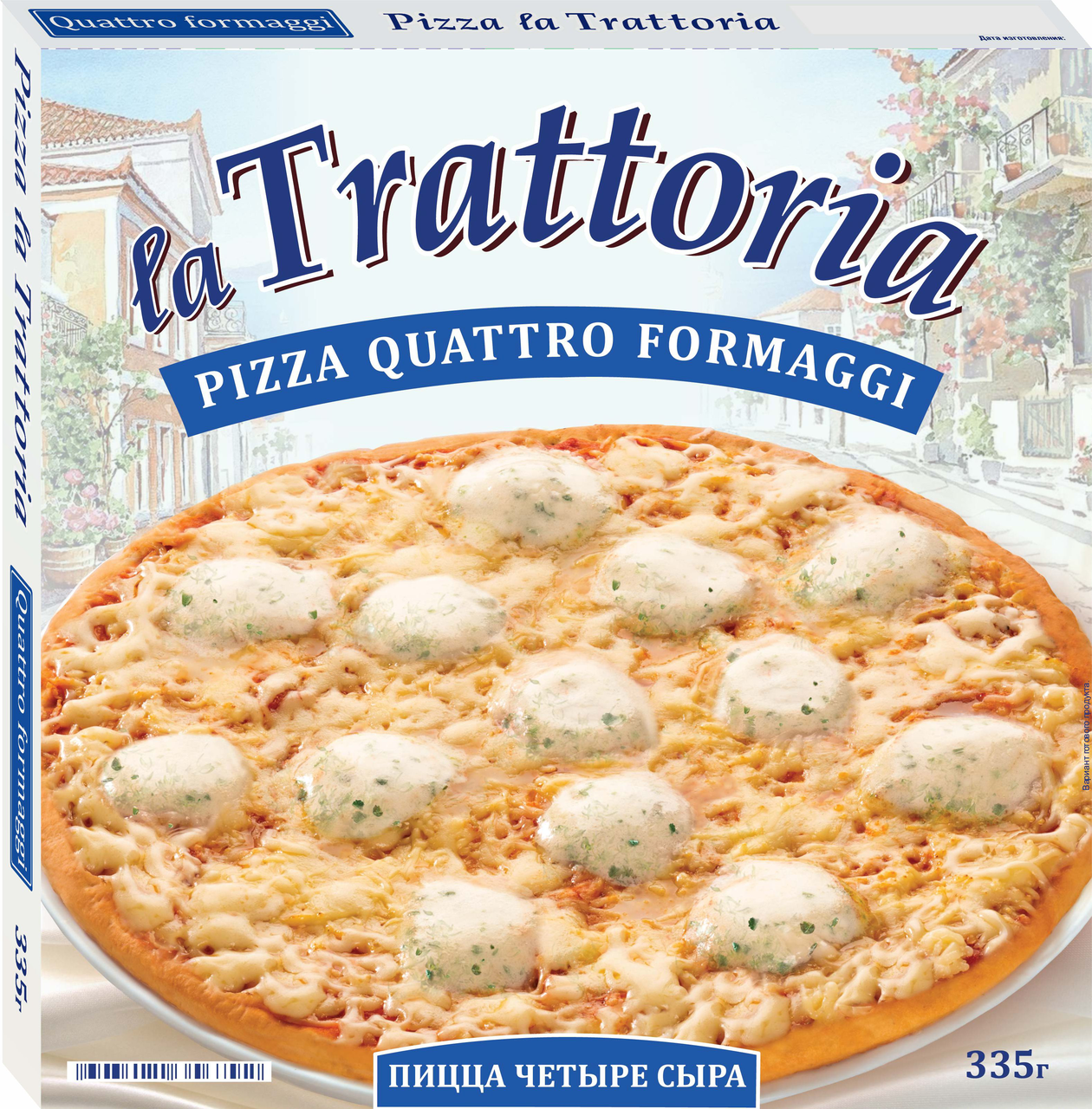 Пицца La Trattoria "Четыре сыра" (Моцарелла, Эдам, Маасдамер, сыр с голубой плесенью), замороженная, 335 г