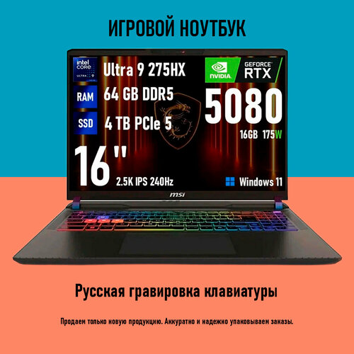 Игровой ноутбук MSI Vector 16 HX AI 2025, Ultra 9-275HX, RTX 5080, 64 ГБ/4 ТБ, 16