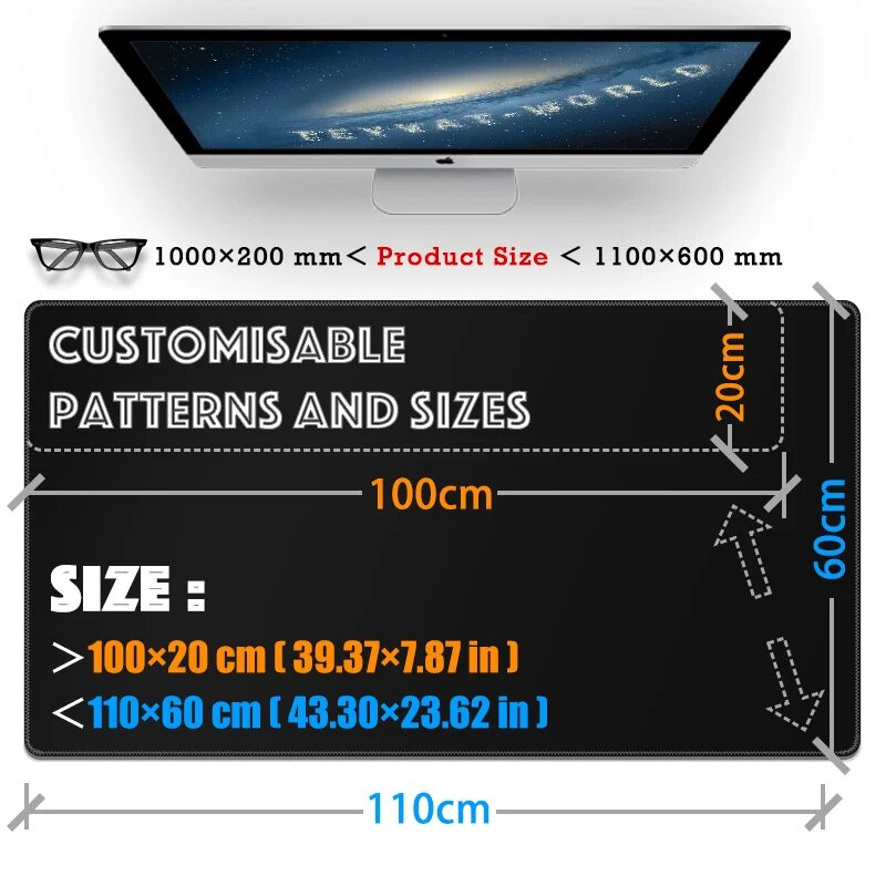 Коврик для мыши на заказ удлиненный коврик для мыши XXL | 101-110 см x 20-60 см Нестандартный размер | Персонализированные коврики для игровой мыши 1100x300mm 4mm
