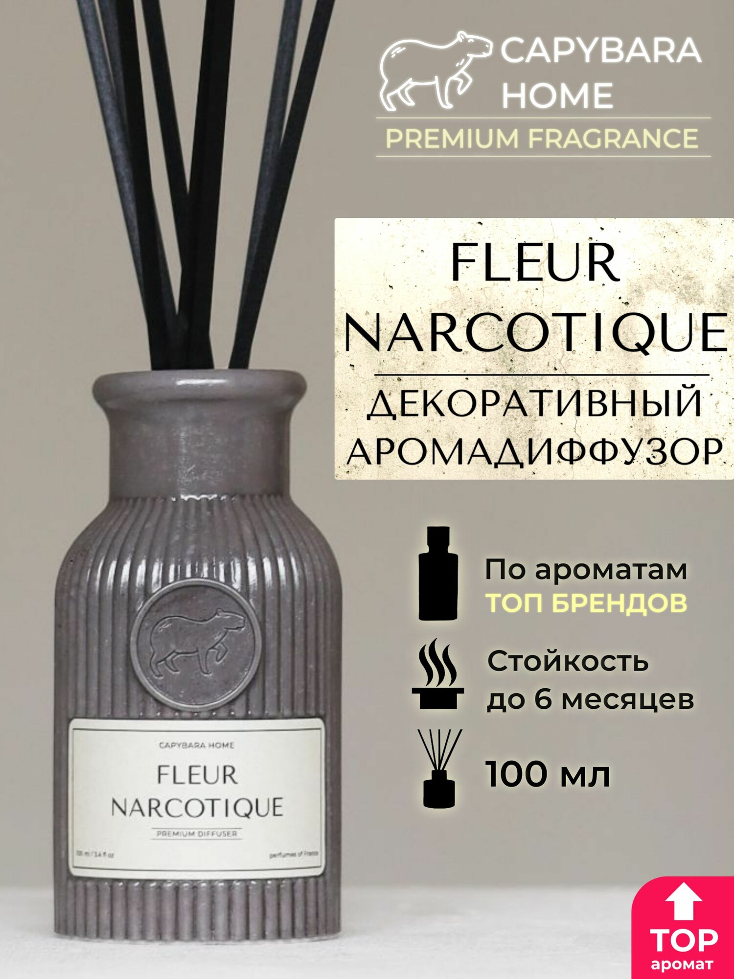 Ароматический диффузор парфюм для дома с палочками Fleur Narcotique 100 мл (флер наркотик) Аромадиффузор CAPYBARA HOME