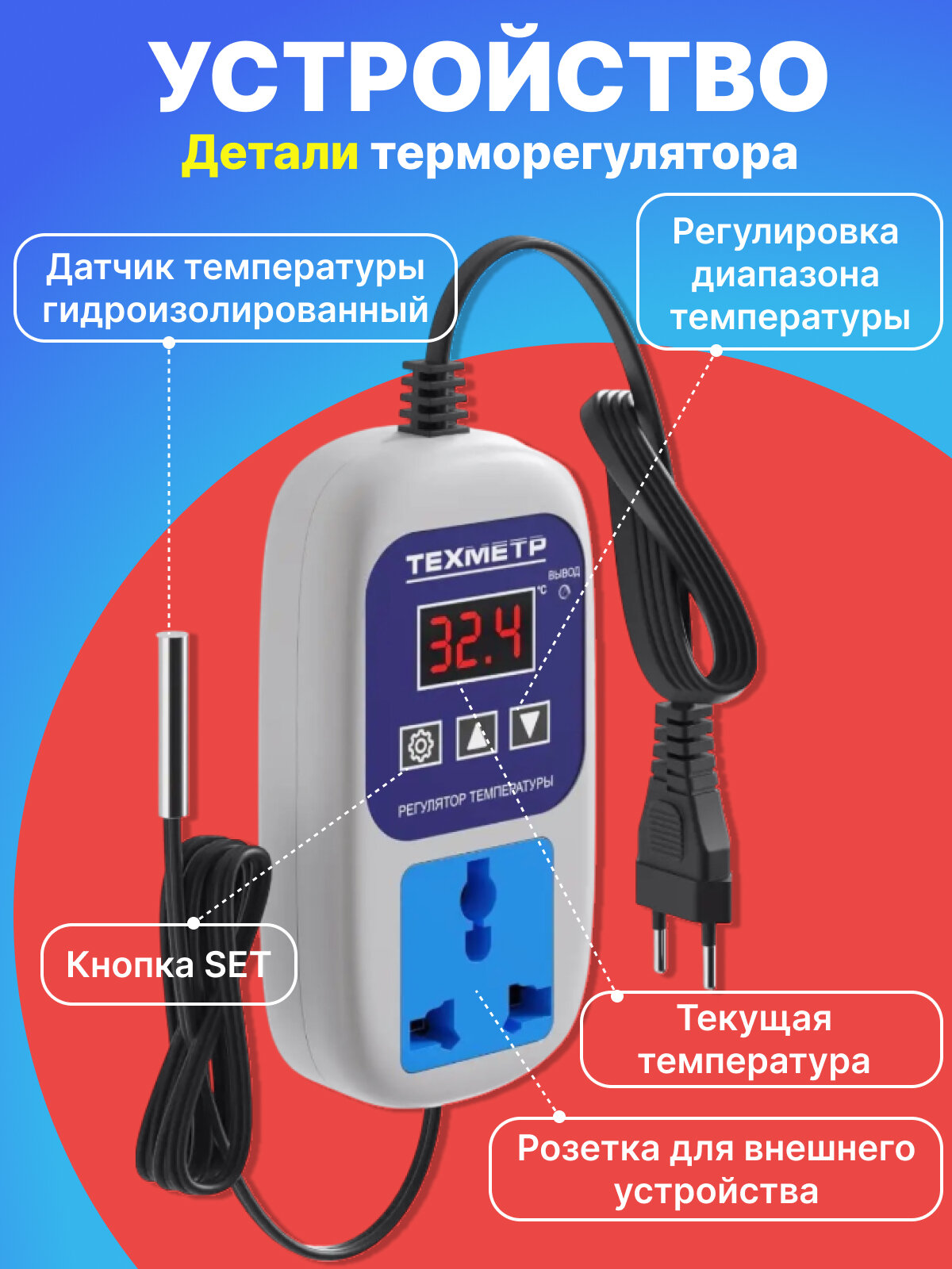 Терморегулятор контроллер температуры техметр ЦКТ-1 (220 вольт, 1500 Ватт) для холодильника, теплого пола, аквариума (Белый) — фото 1