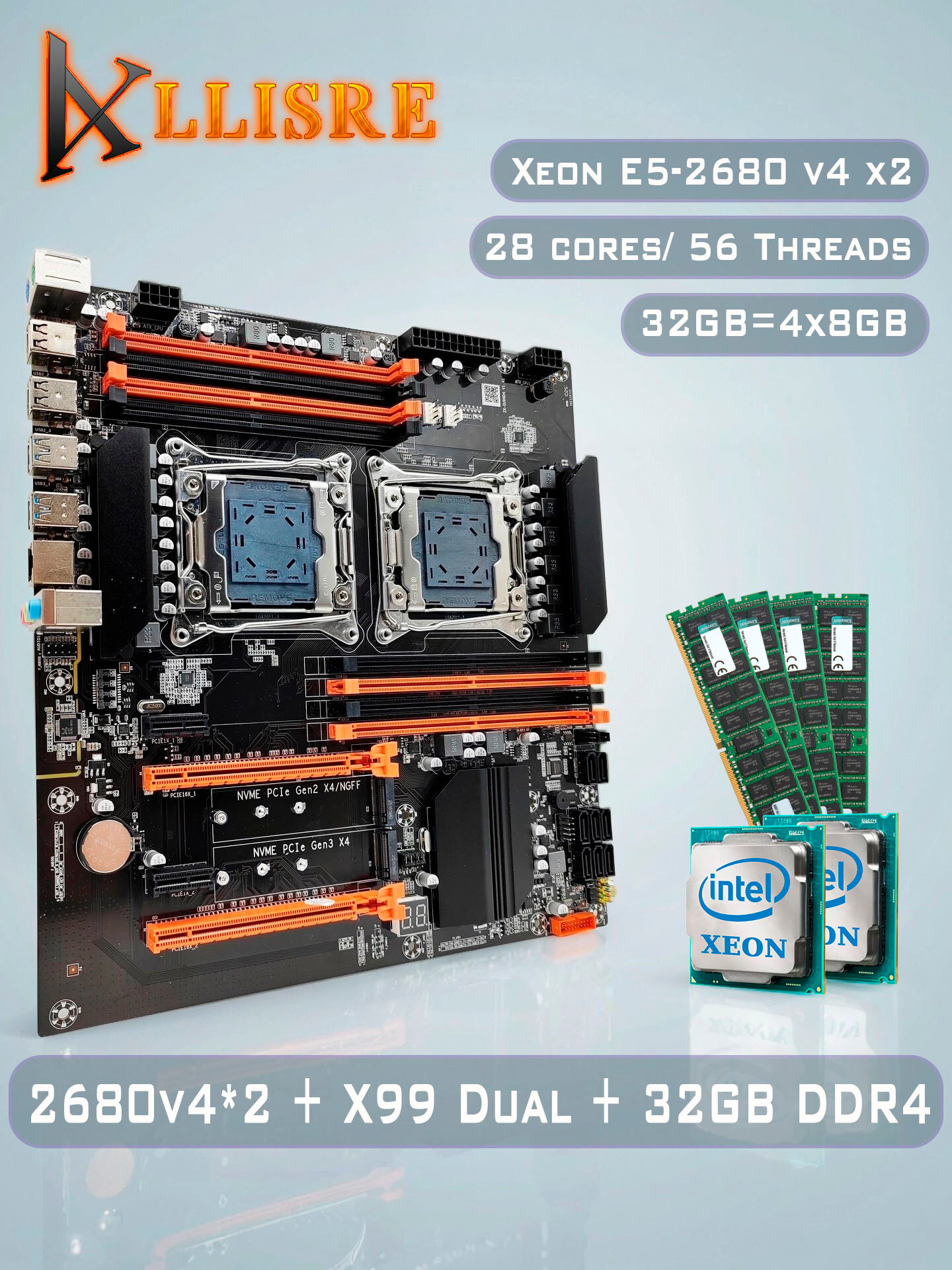 Комплект двухпроцессорная материнская плата KLLISRE ZX-DU99D4 + Xeon 2680 V4 + 32GB DDR4 ECC 4x8GB