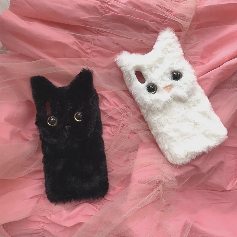 Картинки 3D милый теплый меховой чехол с котом для Xiaomi 14T Mi Poco M7 Pro X7 Redmi Note 14 13 14C 13C A5 A4 A3X пушистый плюшевый мягкий чехол на заднюю панель, белый, For Redmi A5