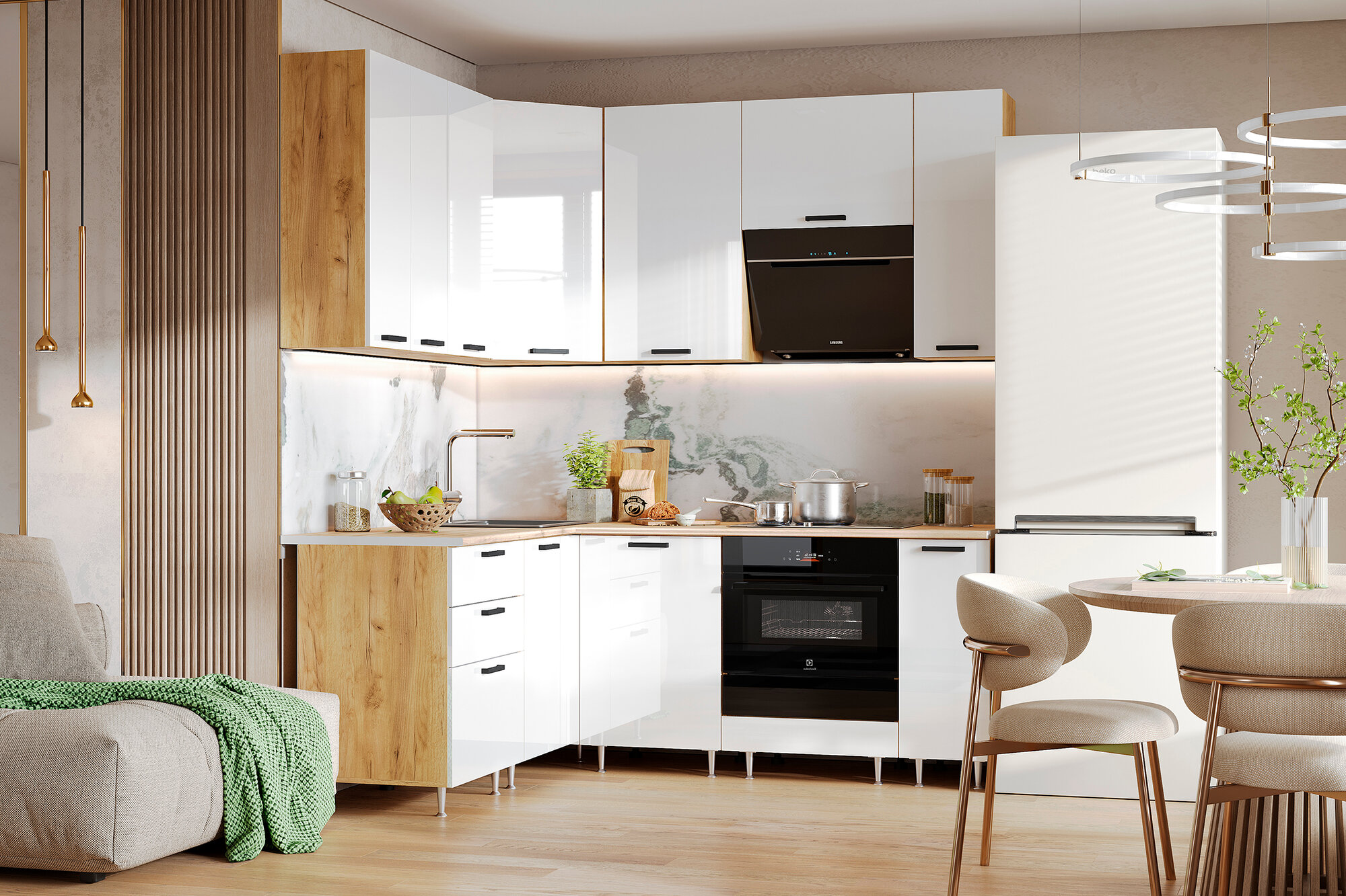 Кухонный гарнитур угловой Нонтон Рио New 160x200 см дуб крафт / белый глянец / дуб вотан