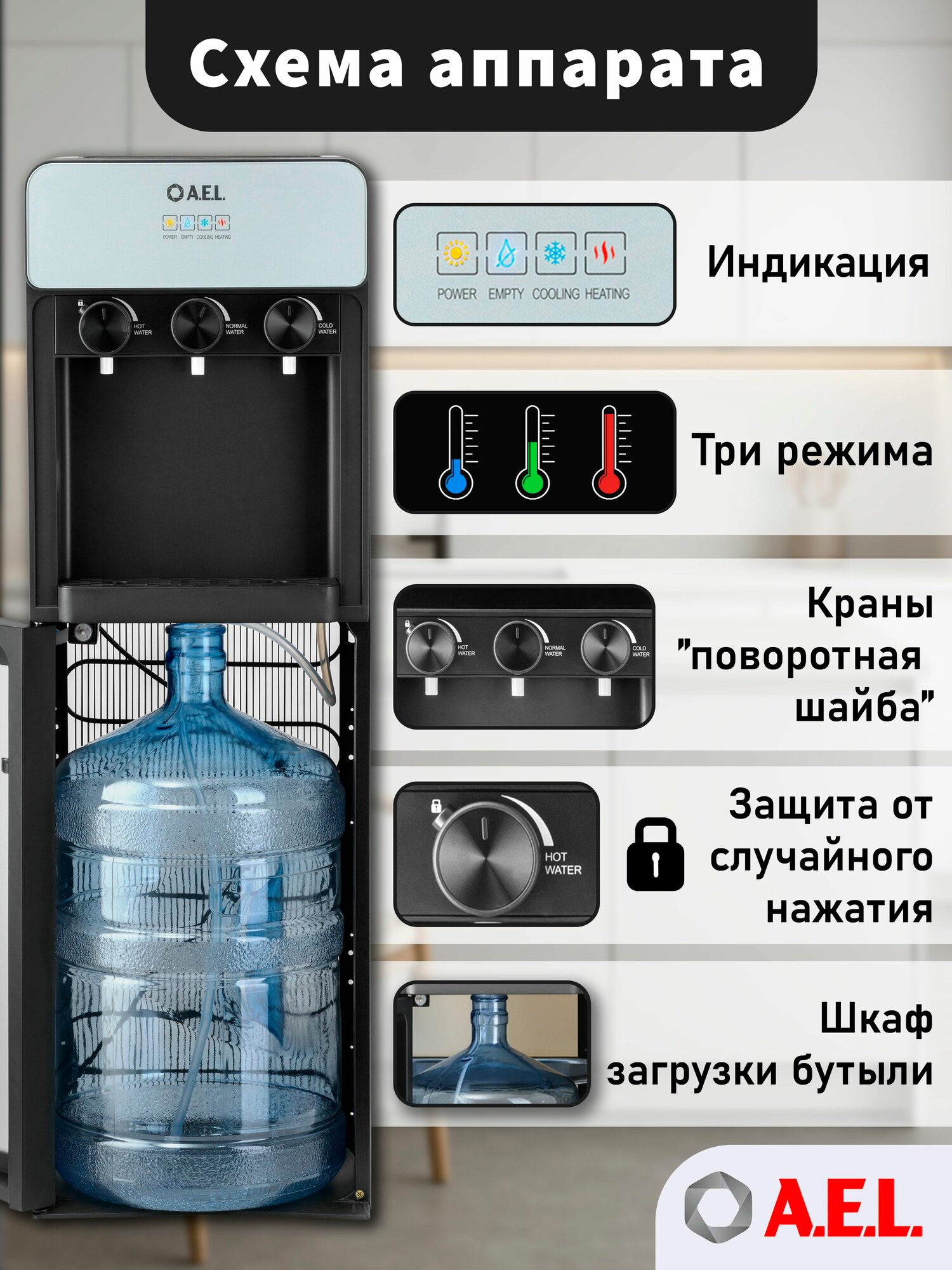 Кулер для воды напольный AEL LC 825a black/silver, с нагревом, компрессорным охлаждением и нижней загрузкой бутыли — фото 1