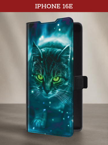 Изображение товара Чехол-книжка на Apple iPhone 16e/17e / Айфон 16е/17e с принтом Зеленоглазый кот, черный