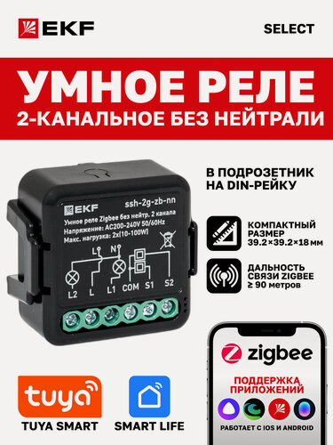 Изображение товара Умное реле в подрозетник EKF Connect Select 2-канальное без нейтрали Zigbee