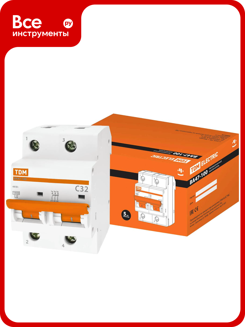 Автоматический выключатель TDM ELECTRIC ВА47-100 2Р 32А 10кА С SQ0207-0060