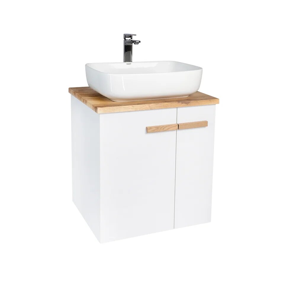 Тумба под раковину со столешницей VIANT Мюнхен L60 подвесная 2 дверцы матовая белая натуральный ясень