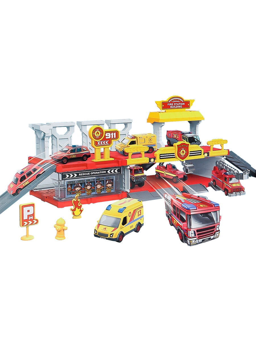 Детская парковка для машинок, двухуровневая. Пожарная станция (51х15х16,5 см, 1 авто, в коробке)(Арт. Y25284102)