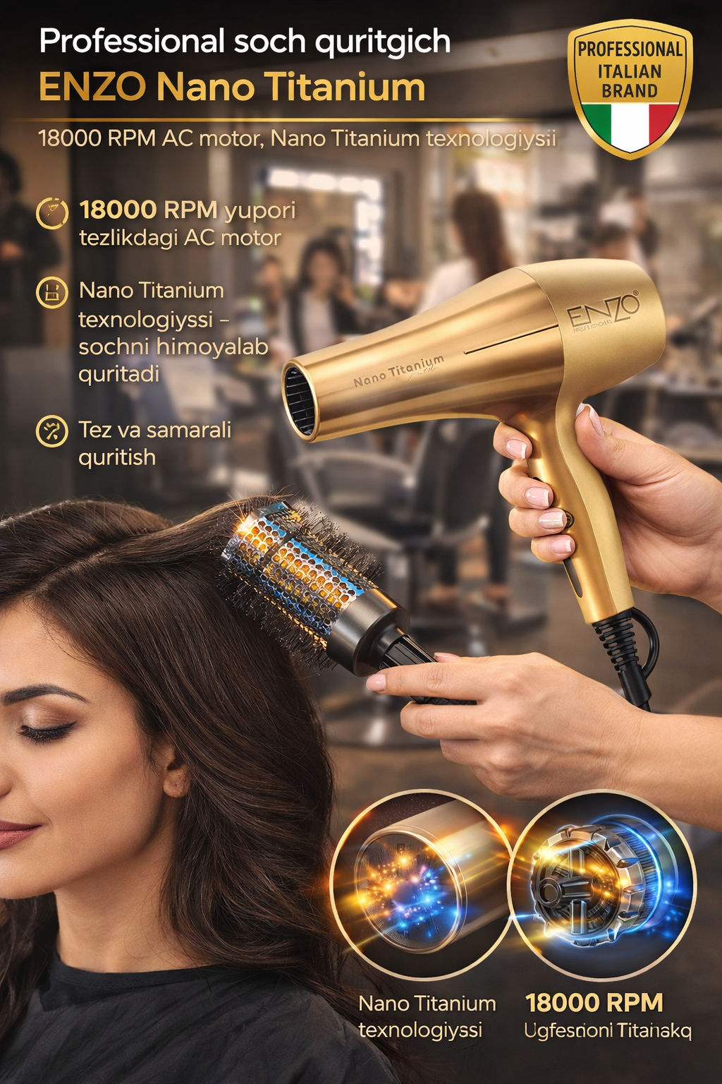 Фен ENZO Nano Titanium, 18000 об/мин, профессиональный, золотистого цвета.