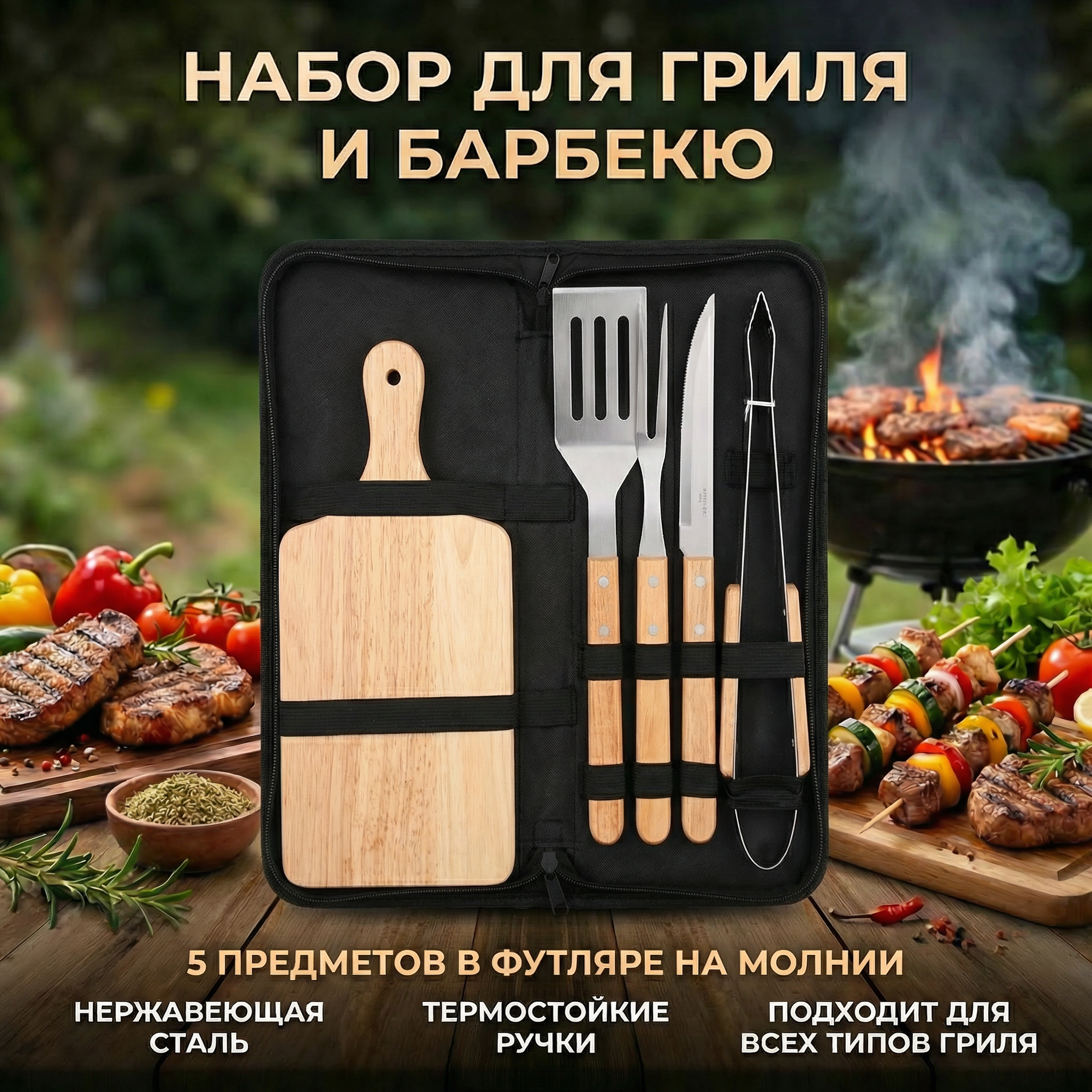 Набор для гриля BBQ-296: щипцы, вилка, лопатка, нож, доска в футляре