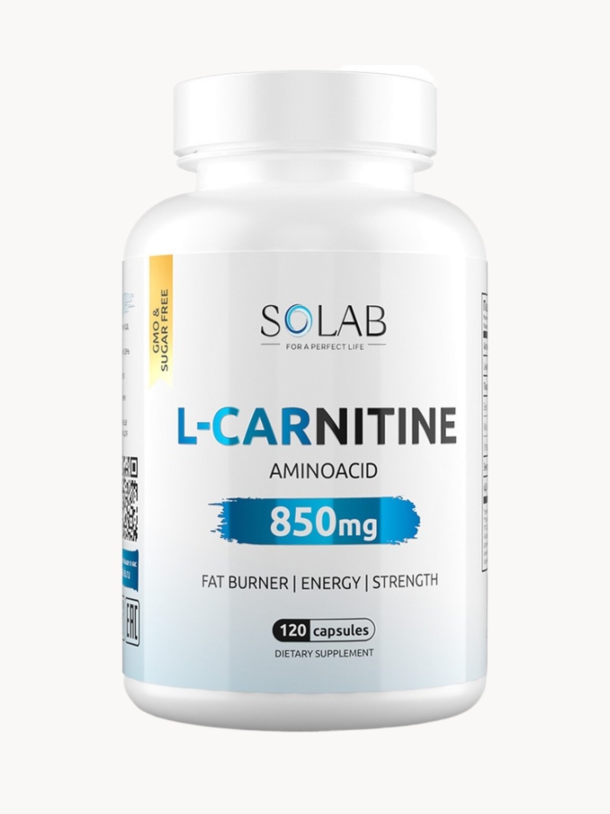 SOLAB L-Carnitine, 120 капсул, Л карнитин жиросжигатель спортивный для похудения