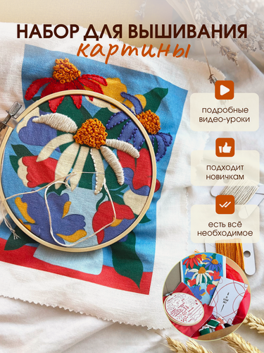 Изображение товара Подарочный набор для вышивания Не белый лист "Цветы в вазе" вышивка в свободной технике, гладью, с обучением