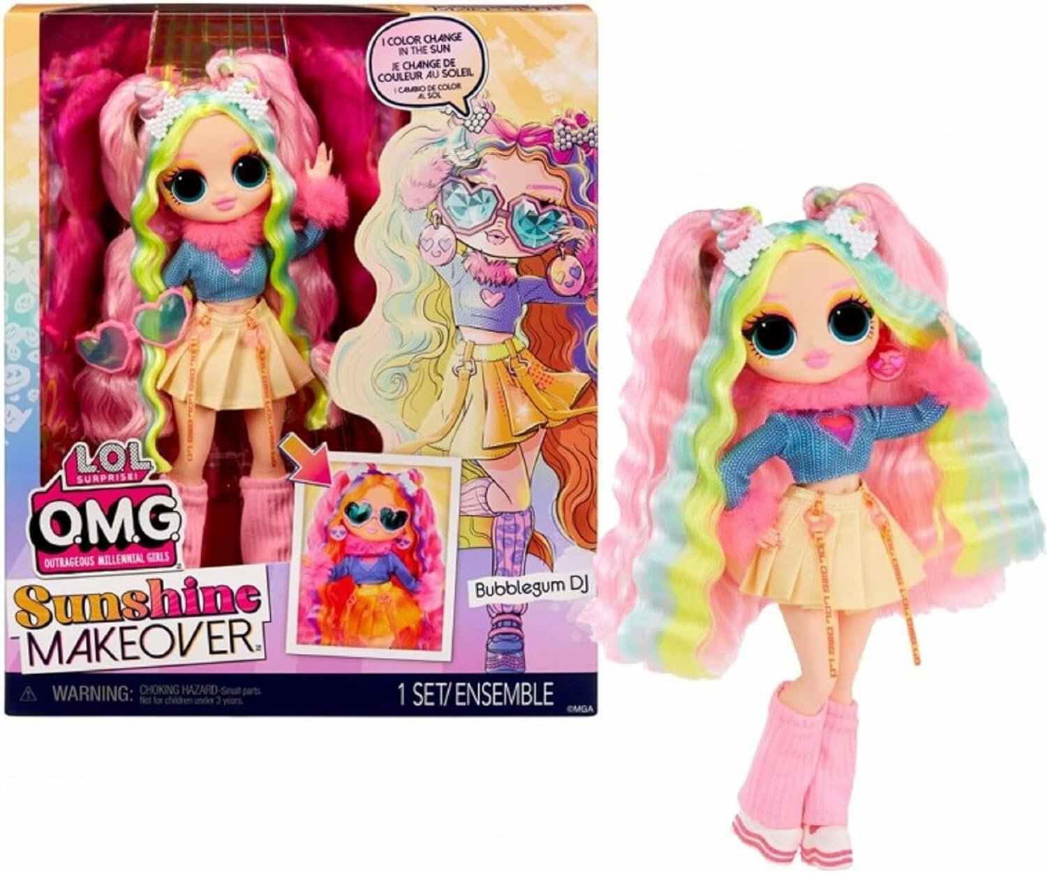 L.O.L. Surprise! OMG Sunshine Color Change Bubblegum DJ – Кукла с модной одеждой, эффектом изменения цвета волос и нарядов, с множеством сюрпризов – отличный подарок для девочек от 4 лет