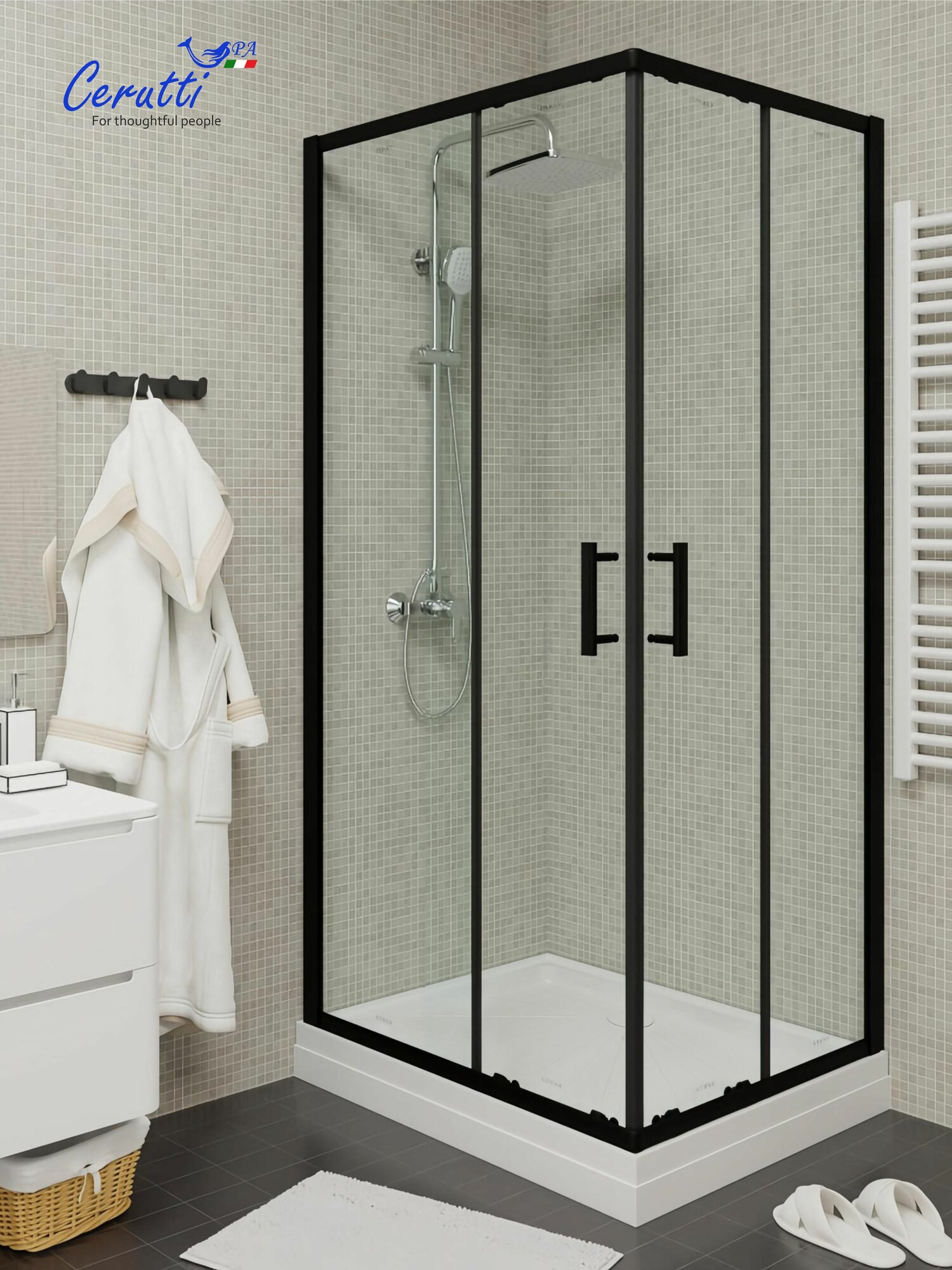 Душевой уголок Ceruttispa Premiata B 120-8 (90x120x195), без поддона, профиль черный, стекло прозрачное