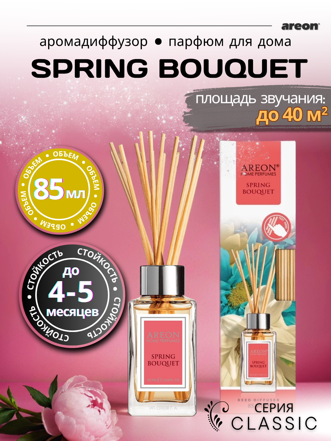 Ароматический диффузор Areon Classic, аромат Spring Bouquet, для дома/офиса/квартиры, с палочками, 85 мл