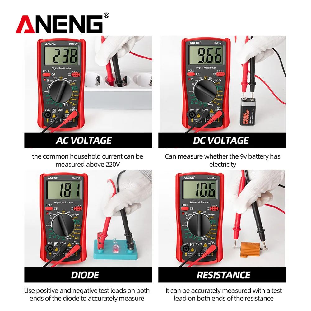 Цифровой Мультиметр ANENG DM850, измерения: V, A, R, функция hFE — фото 1