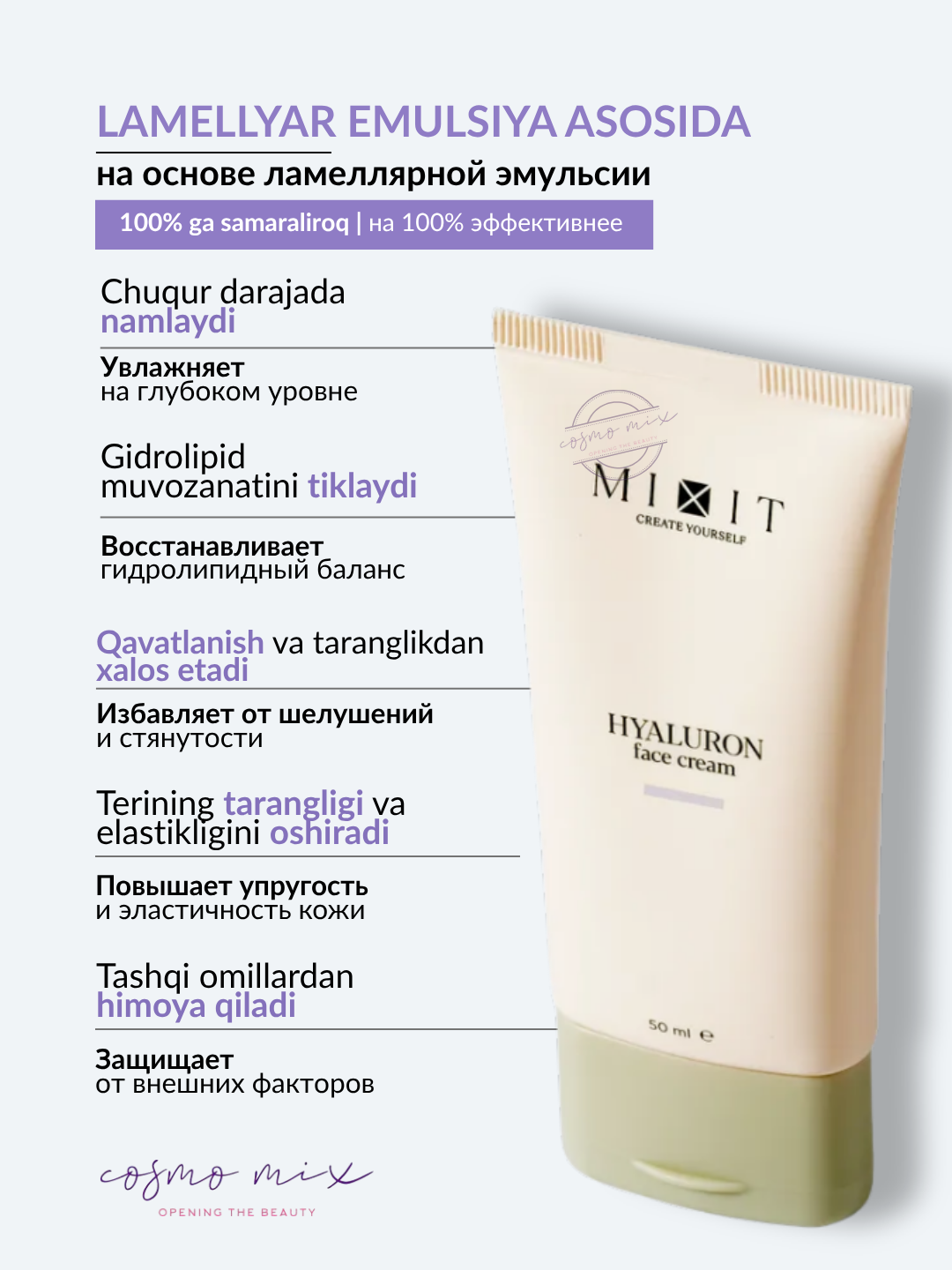 Увлажняющий крем для лица с гиалуроновой кислотой MIXIT Hyaluron Face Cream, 50 мл — фото 1