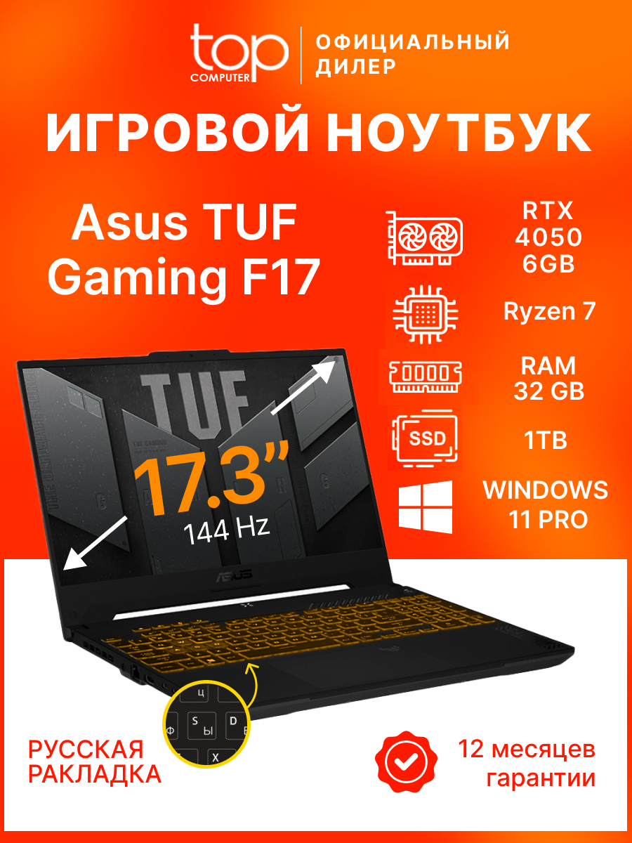 Ноутбук Asus TUF Gaming A17 FA707NUR 17.3"FHD/144Hz/R7 7435HS/32GB/1TB/RTX4050 6GB/Win11pro/gray