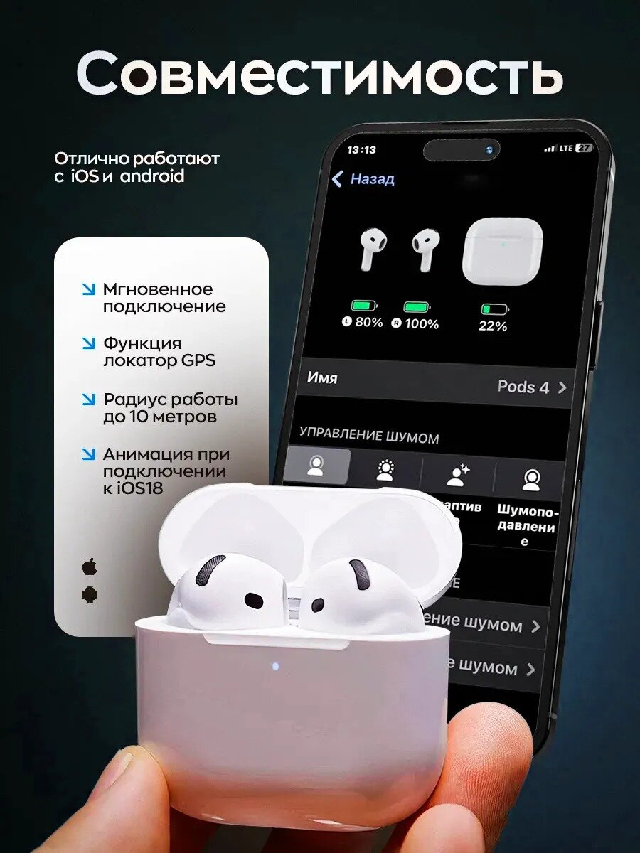 Наушники ArPods 4, беспроводные, с шумоподавлением, серебристые МХР93