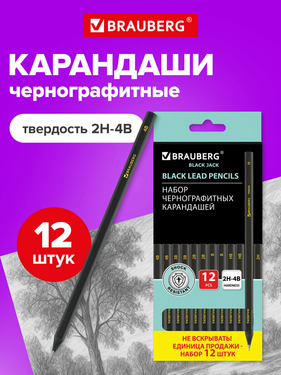 Карандаши простые чернографитные Brauberg Набор 12 шт Black Jack 2Н-4В без резинки / ластика черные дерево заточенные 180620