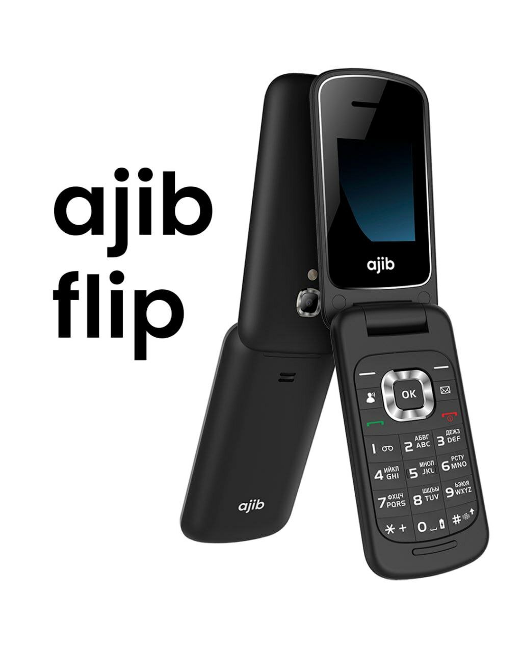 Кнопочный телефон Ajib "Flip", черный, аккумулятор 1000 mAh, поддержка microSD