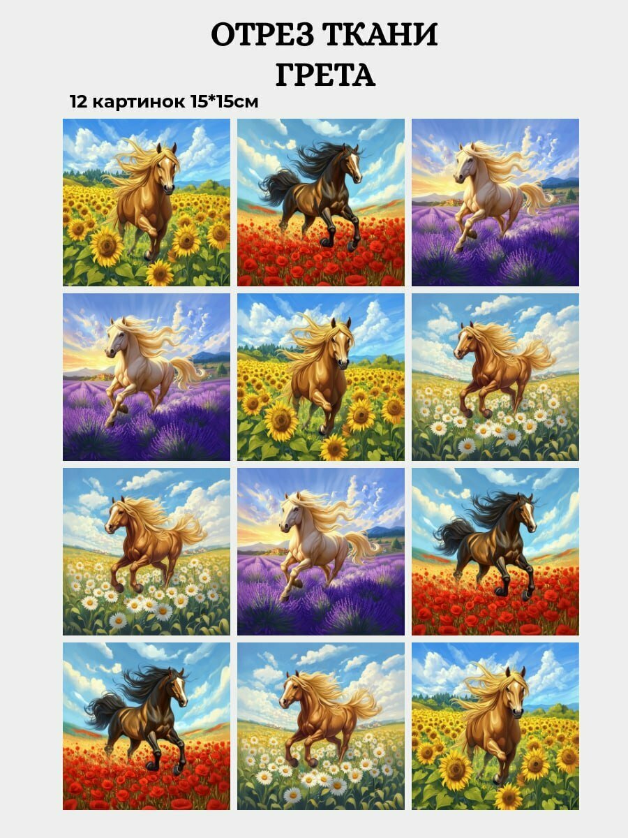 Мини-купоны ткани грета для пэчворка и шитья 12шт "Кони Лето"