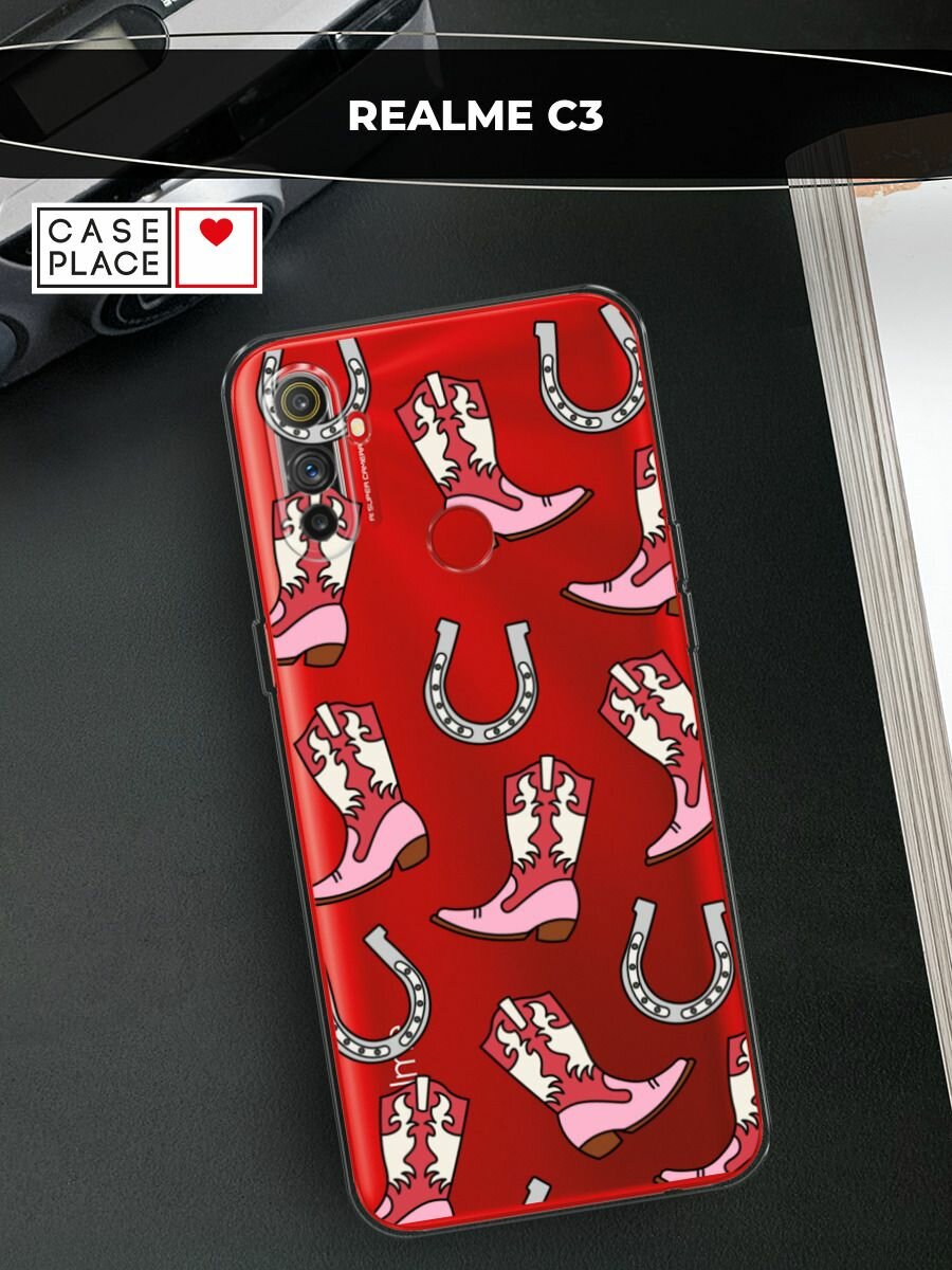 Чехол на Realme C3 / Реалми C3 с принтом "Ковбойские сапоки паттерн", прозрачный
