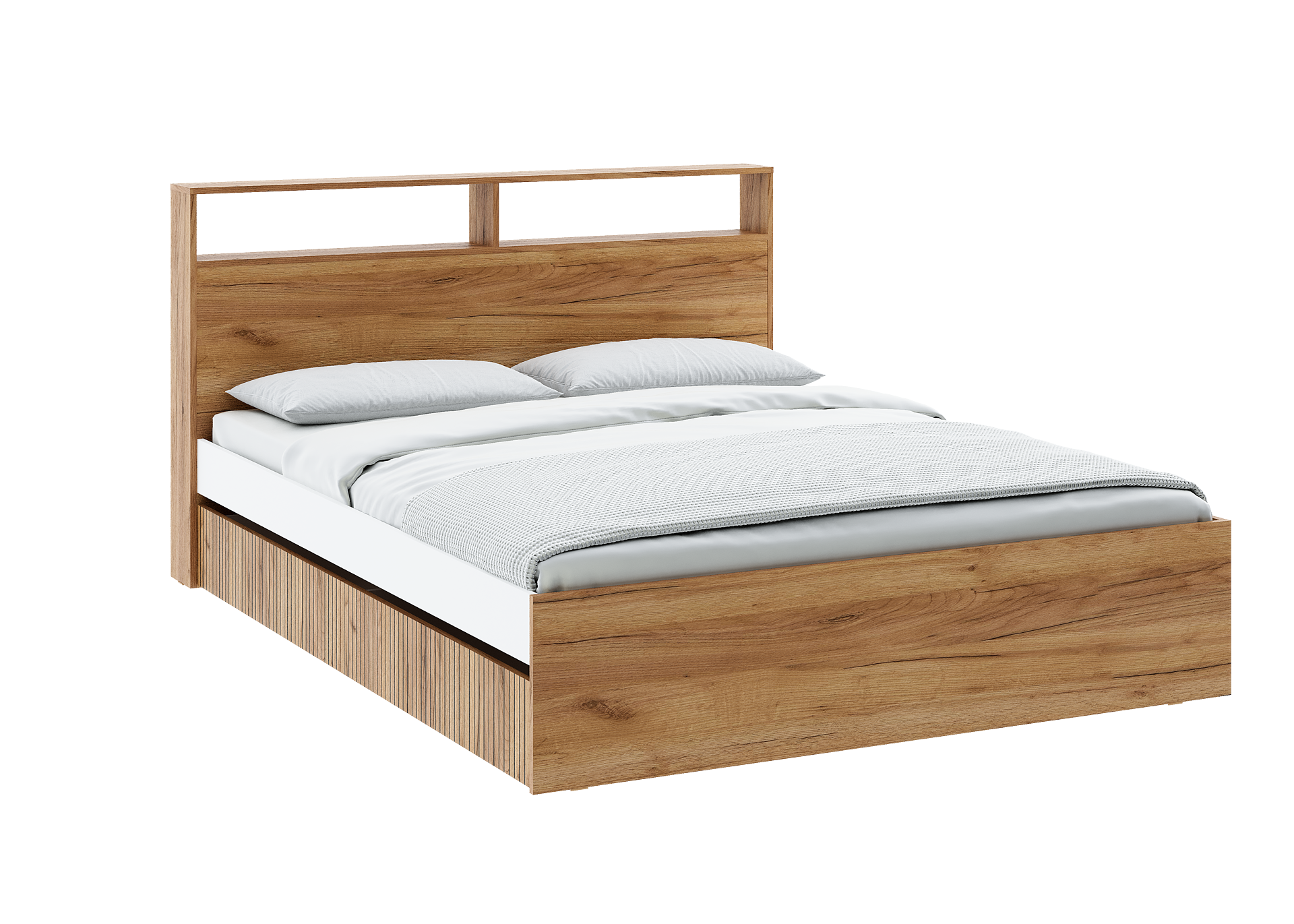 Кровать двуспальная Эталон КР-002, 160x200 см, с ящиками, ЛДСП, цвет крафт золотой/белый