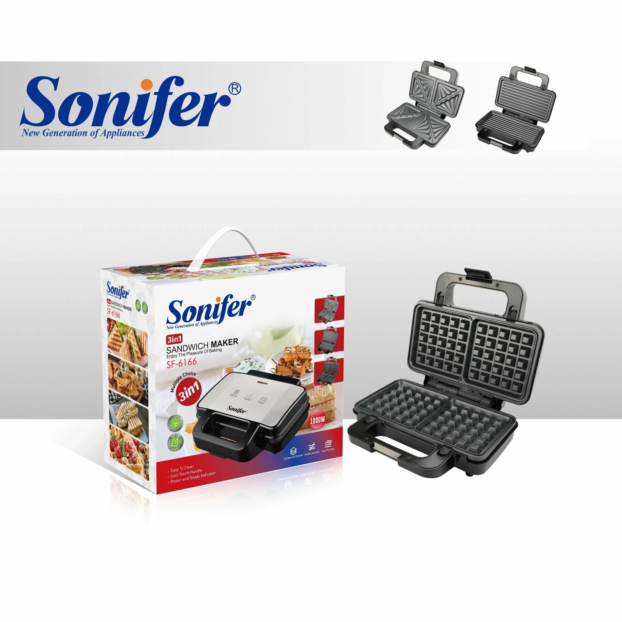 Вафельница Sonifer SF-6166, антипригарное покрытие, 1000Вт, 3 панели