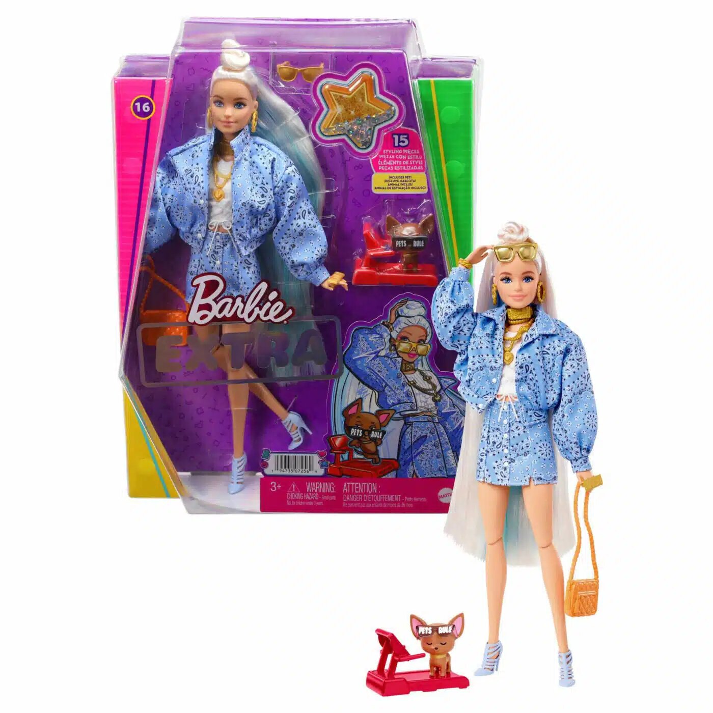 Barbie® Extra в синем жакете с принтом «пейсли» и питомцем чихуахуа