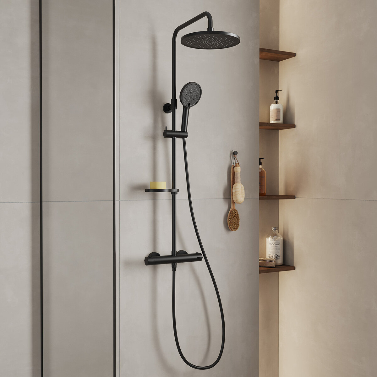 Душевая система Milardo Ideal Spa ILSBLTHM89 с тропическим душем и термостатом черный матовый — фото 1