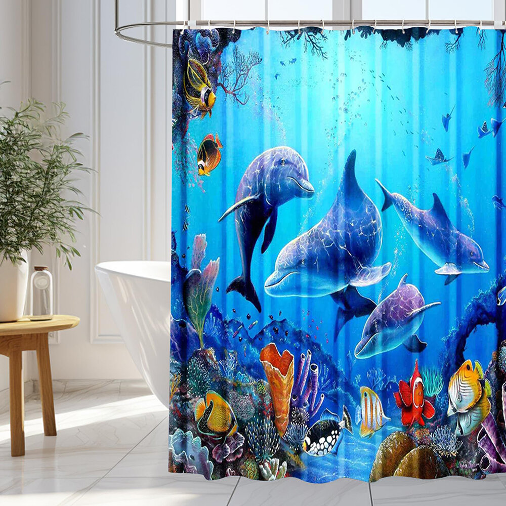 Занавеска для душа 180x200 см Водонепроницаемые Занавески Для душа Blue Dolphin Занавески Для Душа Из Полиэстера Для Ванной Комнаты Моющаяся Занавеска Для Ванной Комнаты Занавеска Для душа Против Плесени с 12 Кольцами Для Занавески для душа