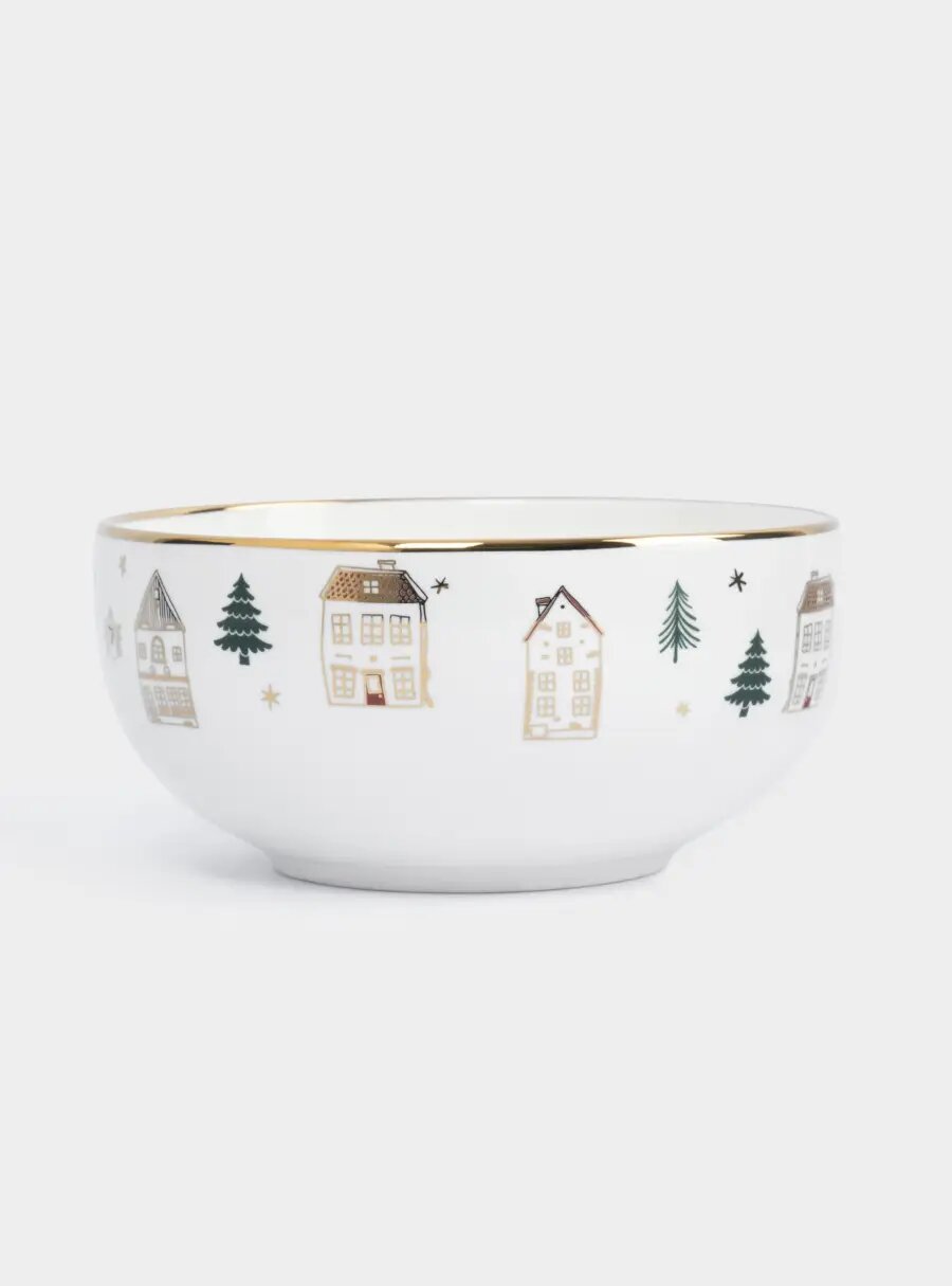 Пиала, 14x7 см, фарфор N, бело-золотистая, Домики и ели, Townlet