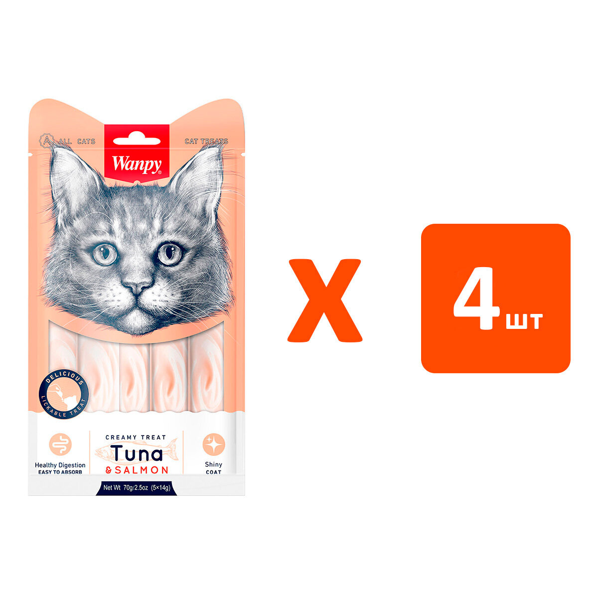Фотографии Лакомство WANPY CAT для кошек, нежное пюре с тунцом и лососем, 70 г х 4 шт