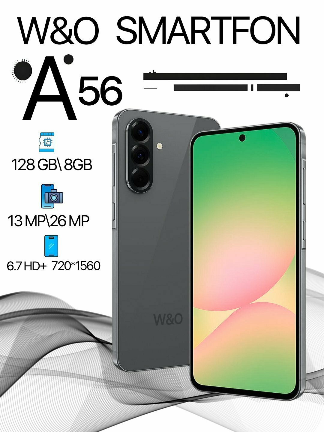 Смартфон W&O A56, 128GB, 13MP, Android, IPS, 8GB RAM, чёрный