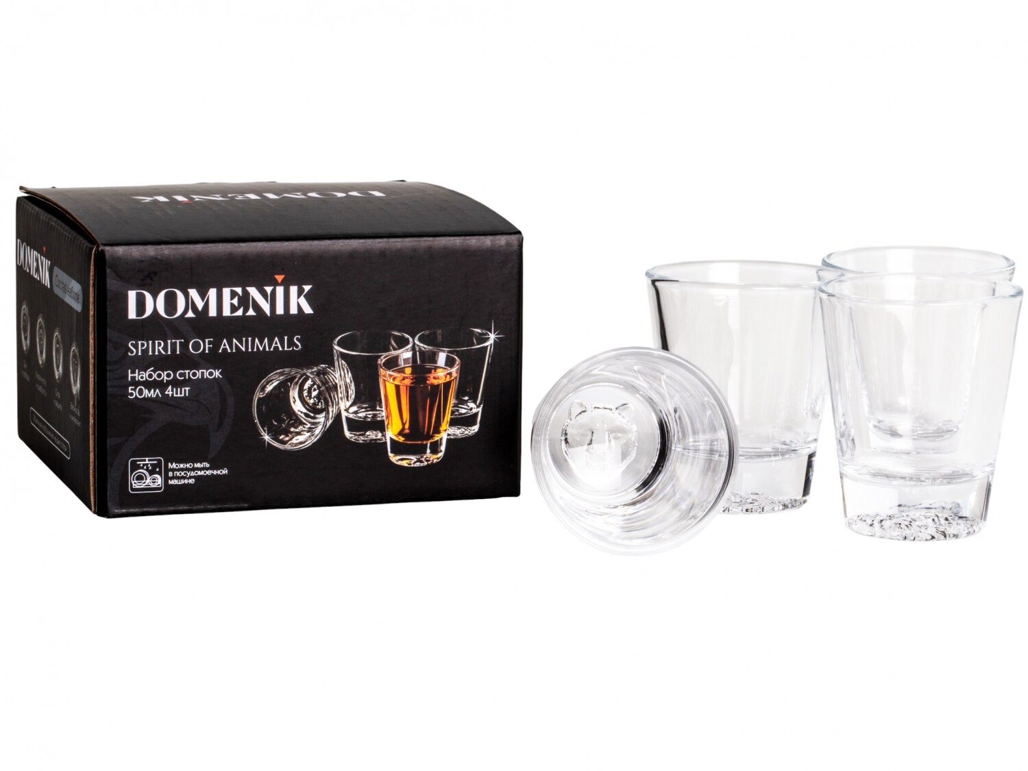 Набор стопок DOMENIK "SPIRIT OF ANIMALS" 4 штуки, 50 мл, стеклянные с объемными фигурами на дне