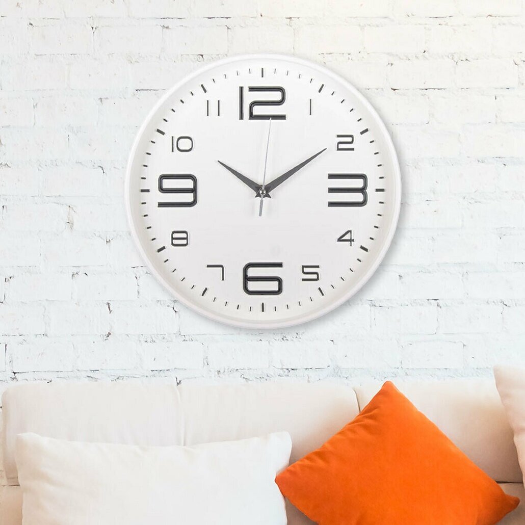Часы настенные круглые, аккуратная классика, d30см, корпус белый/серебро, удобный крупный циферблат