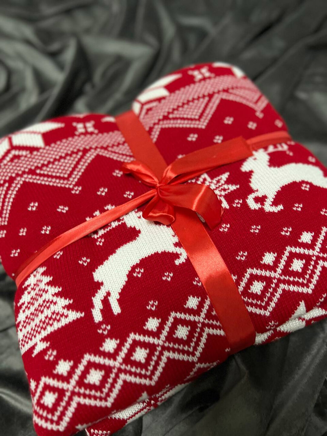 Новогодний, подарочный, вязаный, красный Плед, 100х160, 100% акрил, — фото 1
