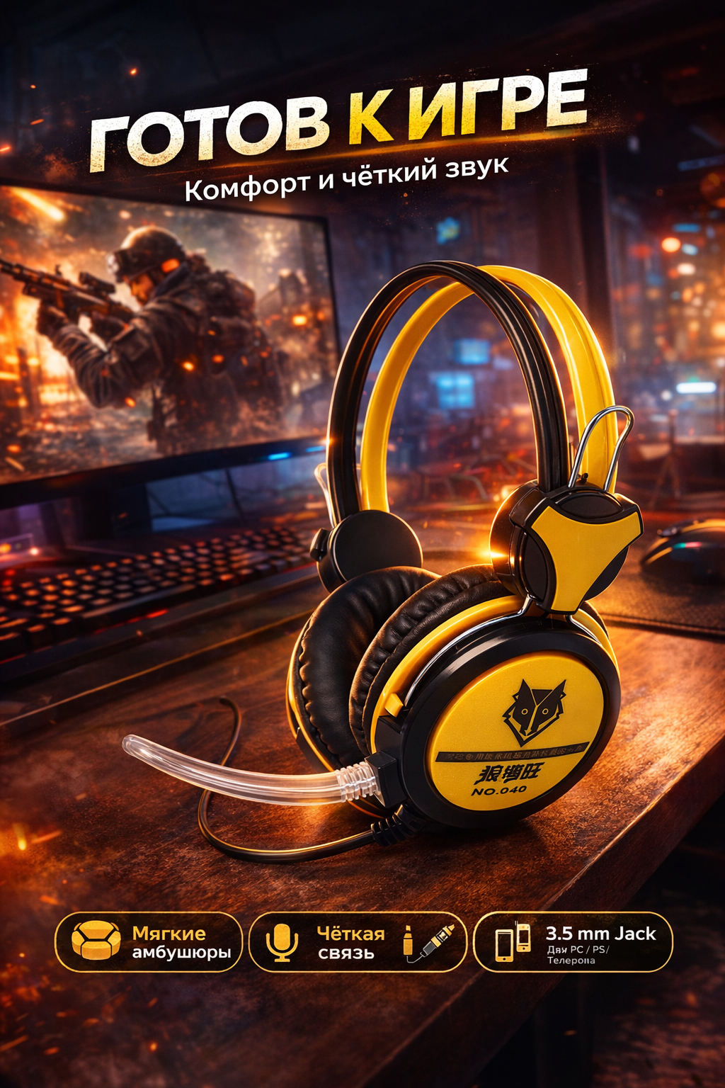 Игровая гарнитура NUBWO NO-040 наушники с микрофоном, стереозвук 2.0, 3.5 мм для ПК и консолей