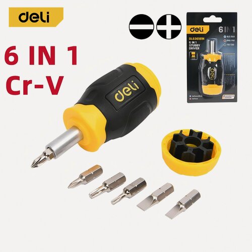 Изображение товара Отвертка с набором бит 6-в-1 Deli DL636181N (Cr-V сталь, Биты SL5, SL6, PH0, PH1, T10, T20)