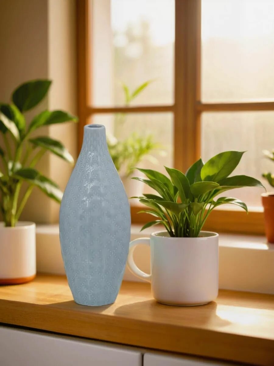 Ваза керамическая настольная, размер 10*10*28см, цвет серый, фактура рельефная — фото 1