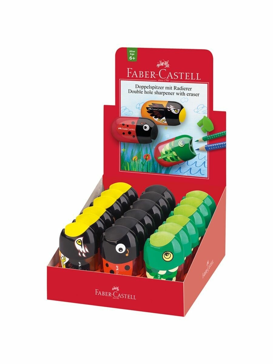 Точилка пластиковая с ластиком Faber-Castell "Animals" 2 отверстия, контейнер, ассорти (18 шт), 183522