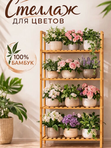Изображение товара Подставка для цветов, этажерка для цветов, стеллаж для цветов Bambuchka, 50х23х99 см, натуральный бамбук