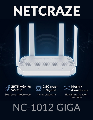 Изображение товара Wi-Fi роутер Netcraze Giga NC-1012, двухдиапазонный, Wi-Fi 6 AX3000
