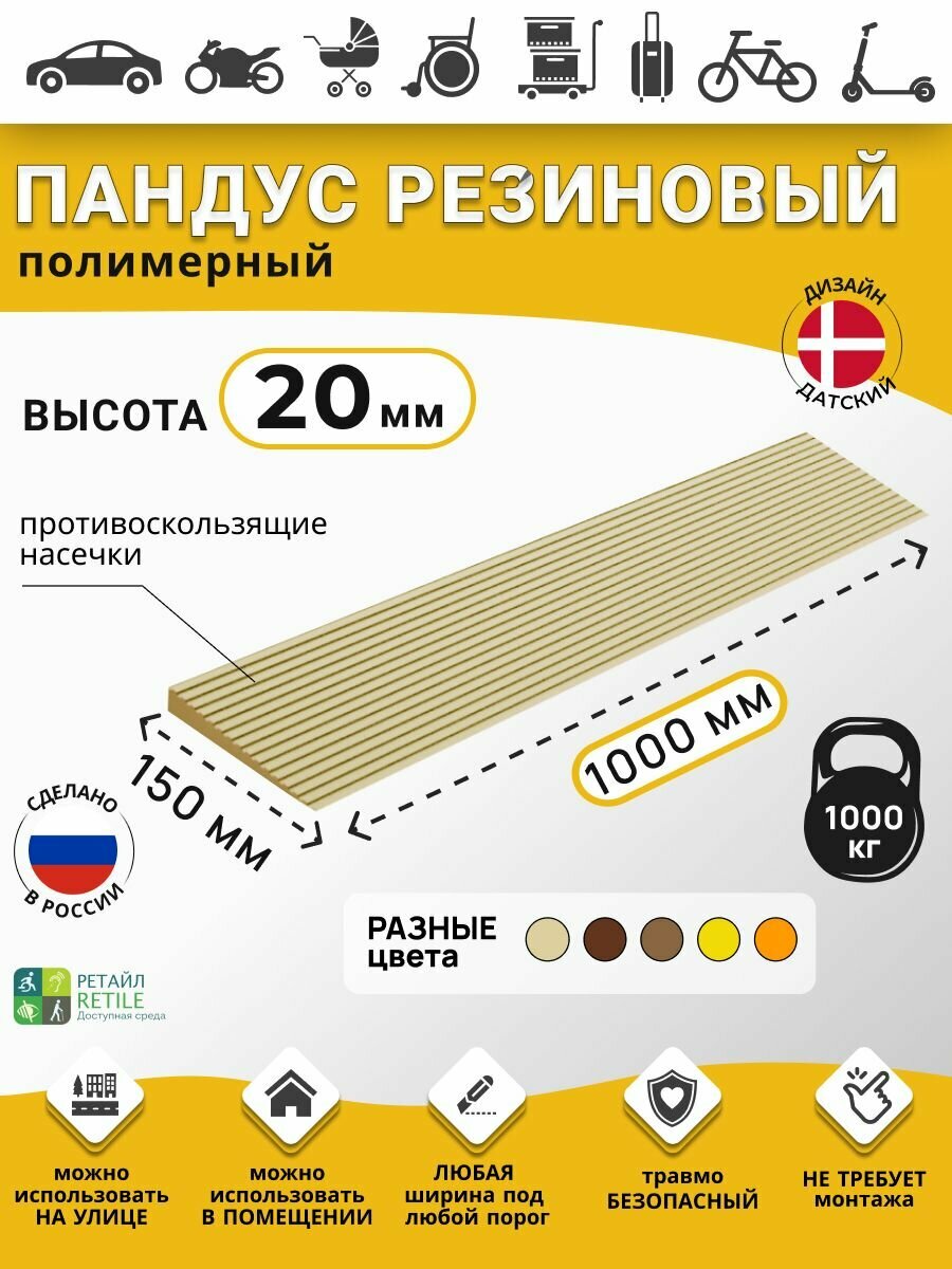 Пандус полимерный рубеж для порогов высотой 2 см (20х1000х150 мм) бежевый для колясок склада и автомобилей