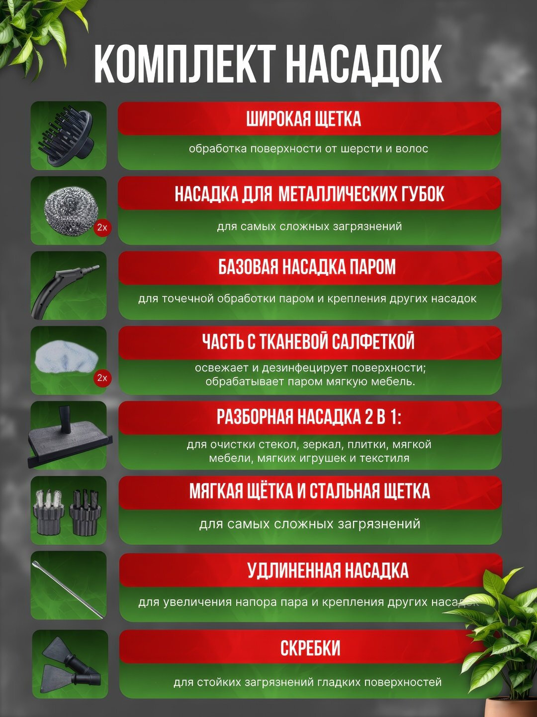 Набор пароочистителя, 8 насадок, 2500Вт, 1,2л, 15 сек нагрев, 3 режима — фото 1