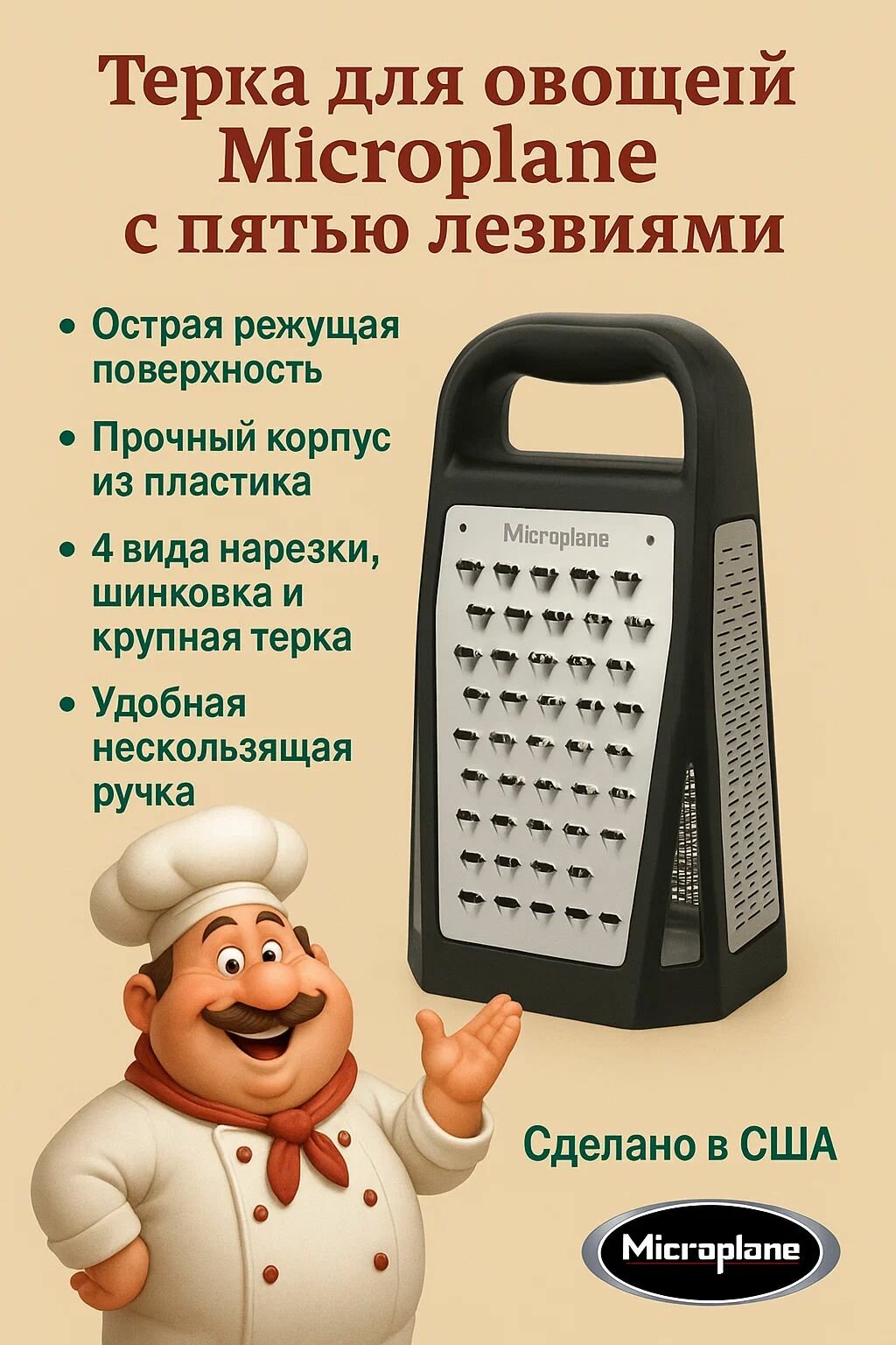 Терка для овощей ручная Microplane нержавеющая сталь, с пятью лезвиями, черная