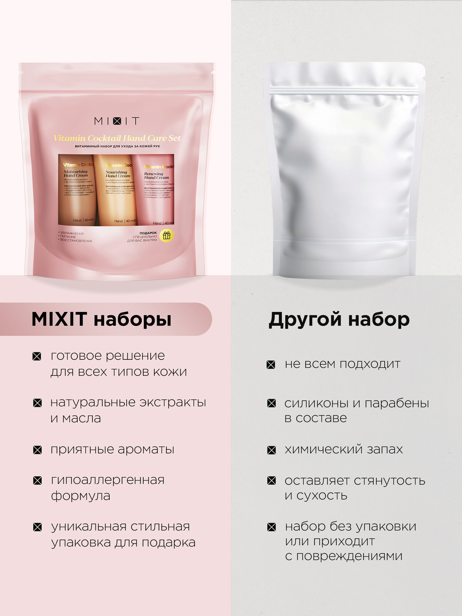 MIXIT Подарочные наборы кремов для рук: увлажняющий, питательный и восстанавливающий Vitamin Cocktail — фото 1